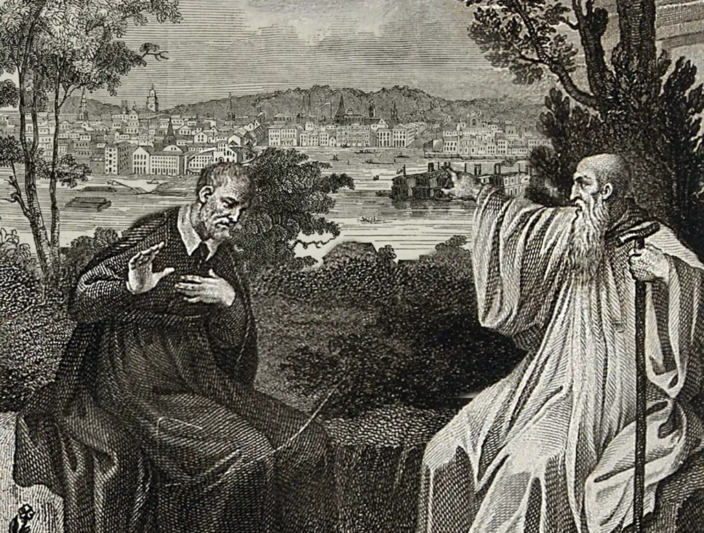 A holy monk telling St. Philip Neri that he is called to be a missionary in his own town.